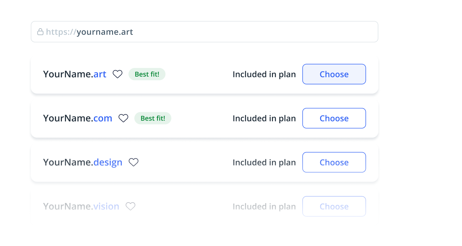 Domain selection interface showing suggestions like YourName.art, YourName.com, YourName.design, and YourName.vision with buttons to choose and labels indicating inclusion in plan and best fit badges.