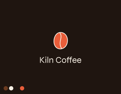 Kiln Coffee logo with orange coffee bean icon on dark background