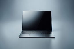 Sleek modern laptop with dark screen on a minimalist gradient background