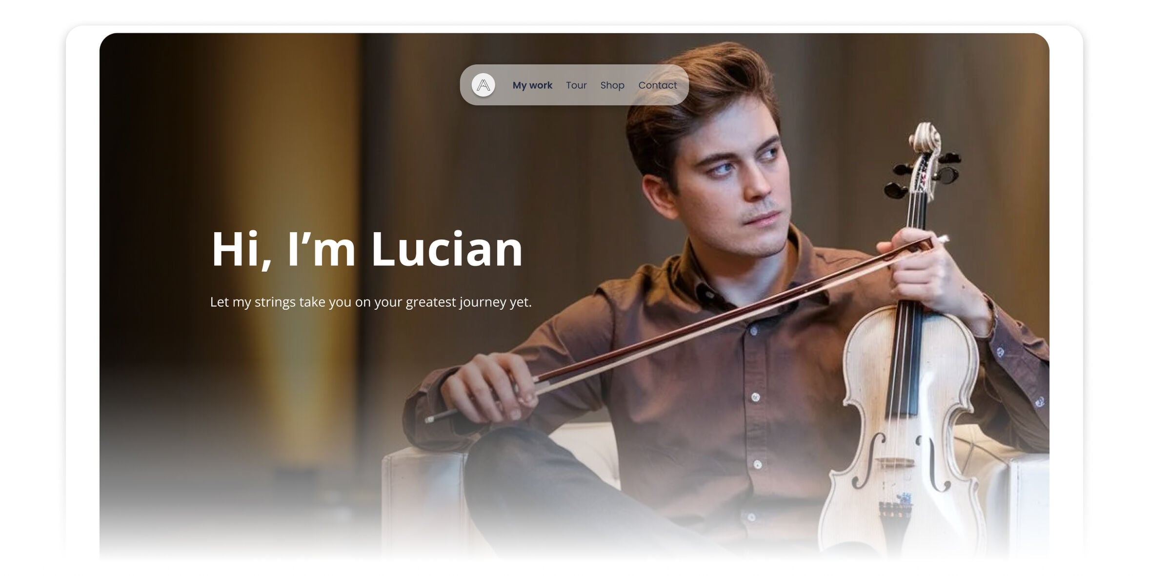 Musician portfolio hero banner with violinist posing in warm studio lighting