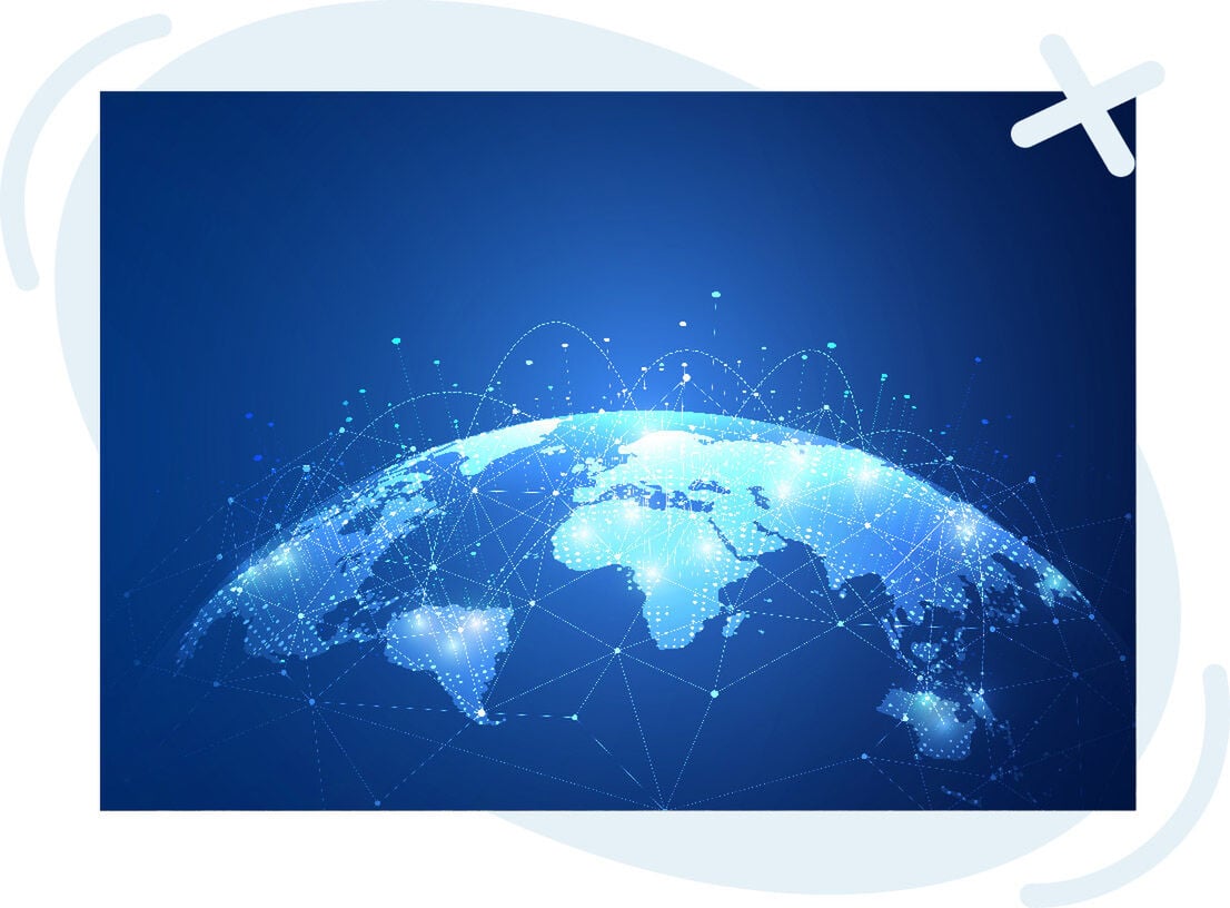 Digital illustration of Earth with glowing network connections across continents on a blue background.