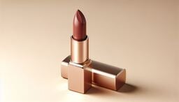 Elegant rose-gold lipstick standing upright with its cap lying beside it on a soft beige surface.