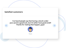Web UI card titled Satisfied customers showing a testimonial with left and right arrow buttons and a small avatar labeled Tom.