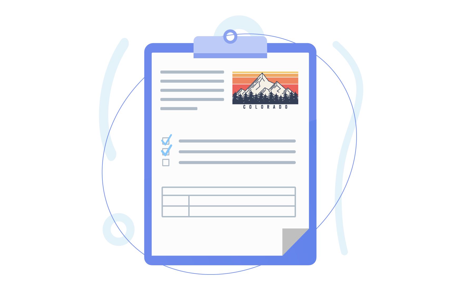 Illustration of a clipboard holding a form with lines, checkboxes, and a Colorado mountain logo.