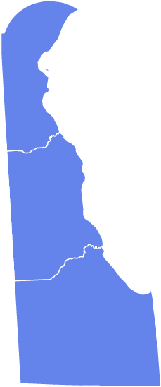 Simple blue silhouette map of Delaware state with county boundary lines