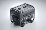 Portable gas-powered generator with control panel and protective frame on a light gray background.