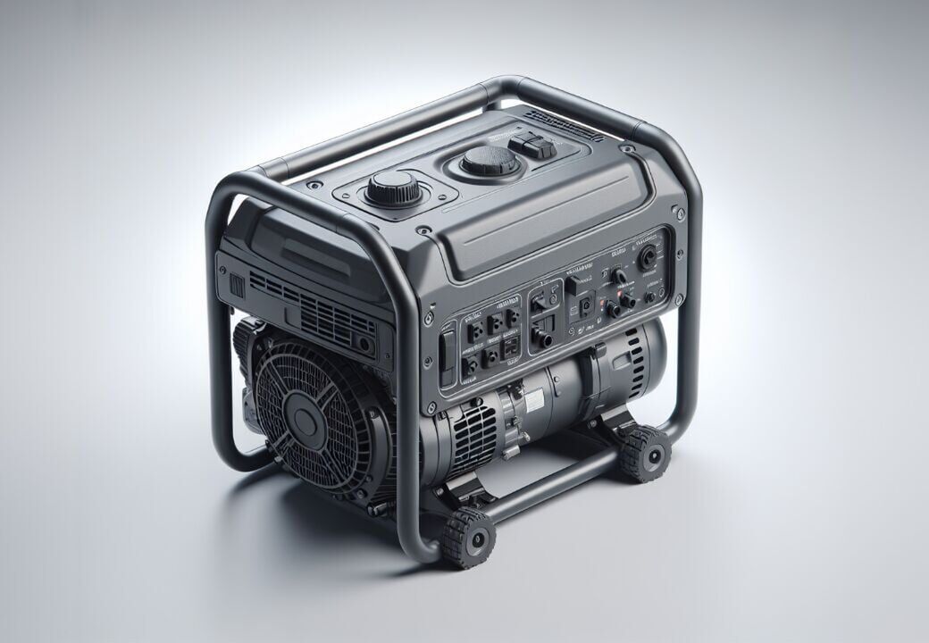 Portable gas-powered generator with control panel and protective frame on a light gray background.