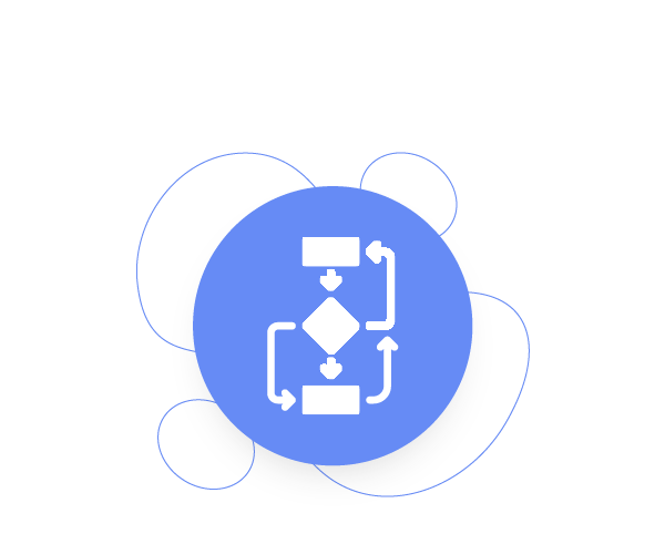 Abstract icon of a flowchart within a blue circle on a white background.