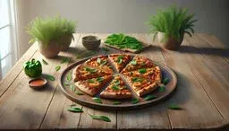 Fresh vegetable pizza sliced on a wooden board, garnished with green herbs on a rustic table in soft window light