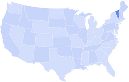 Map of the United States with Vermont highlighted in dark blue and all other states in light blue.