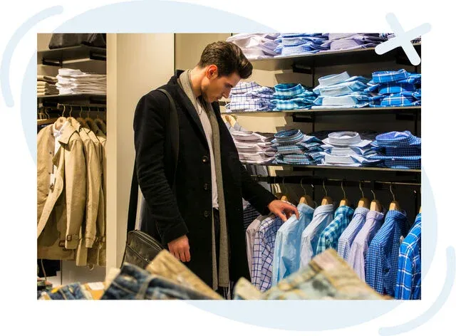 Man browsing dress shirts in a menswear store with neatly stacked and hanging shirts in shades of blue and white.