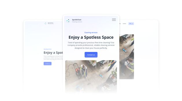 Mockup of a cleaning services website landing page on a mobile screen, with blurred desktop versions in the background.
