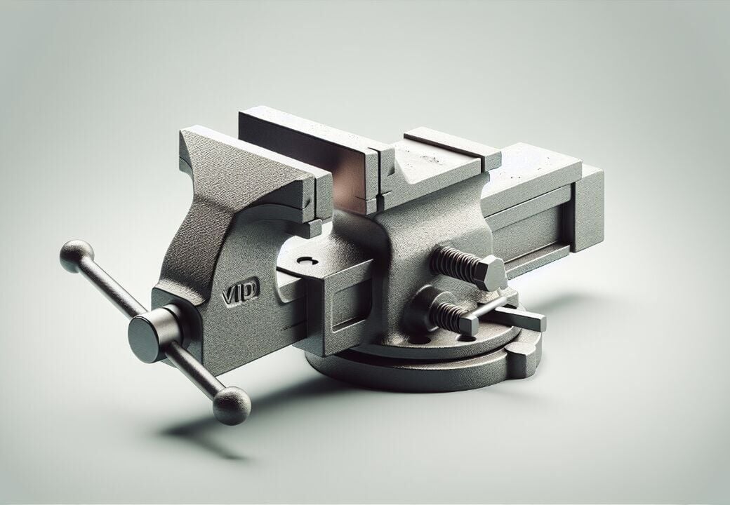 Close-up of a heavy-duty metal bench vise on a neutral background.