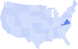 Map of the United States with the state of Virginia highlighted in a darker blue.