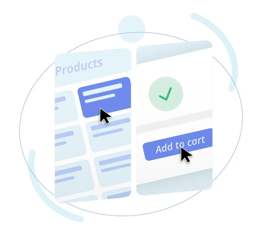 Illustration of a shopping app interface showing product list and an 'Add to cart' button being clicked.