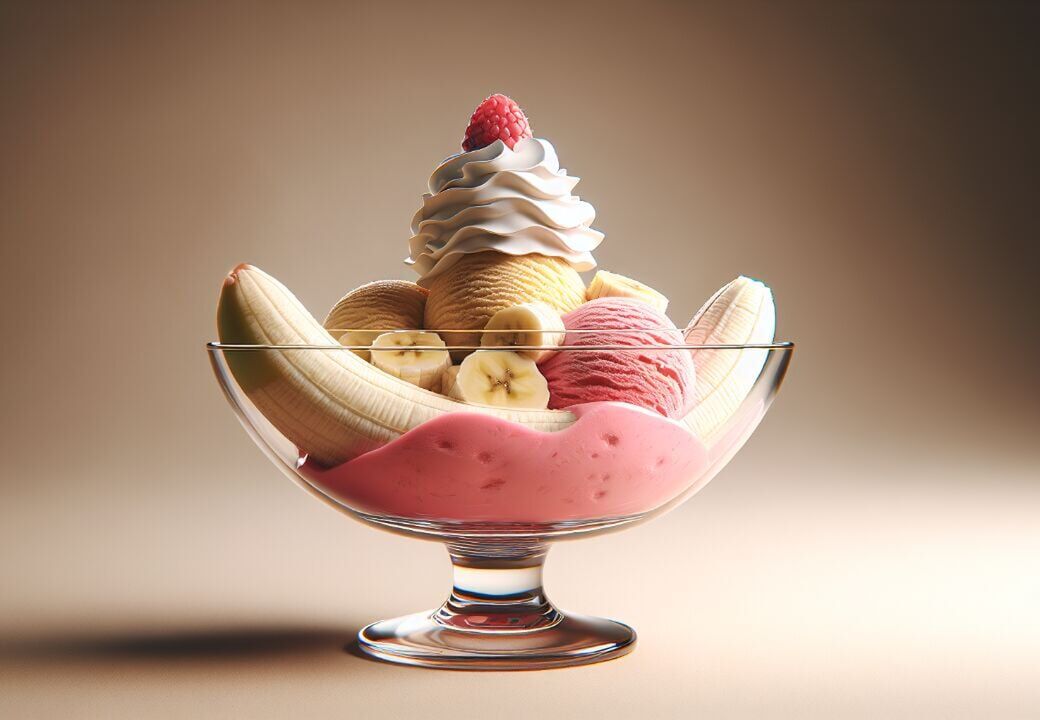 Classic banana split dessert in a glass dish with scoops of ice cream, whipped cream, and a raspberry on top