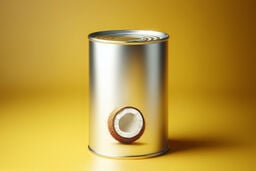 Silver tin can with a coconut image on it against a yellow background.