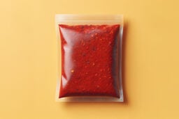 Transparent resealable pouch filled with bright red ground spice, likely chili powder, set against a warm yellow background.