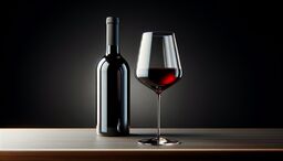 Elegant still life of a dark wine bottle and a glass of red wine on a wooden surface against a moody, dark background.