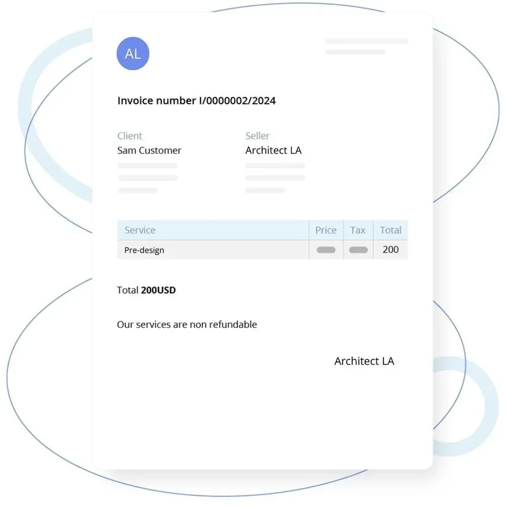 Minimalist invoice design for architect services totaling 200 USD.