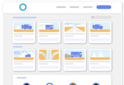 Dashboard-style webpage mockup showing cards with trucking and logistics illustrations.