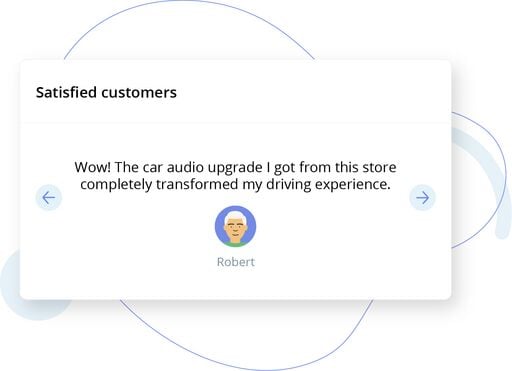 Testimonial card titled Satisfied customers with a short review and avatar.