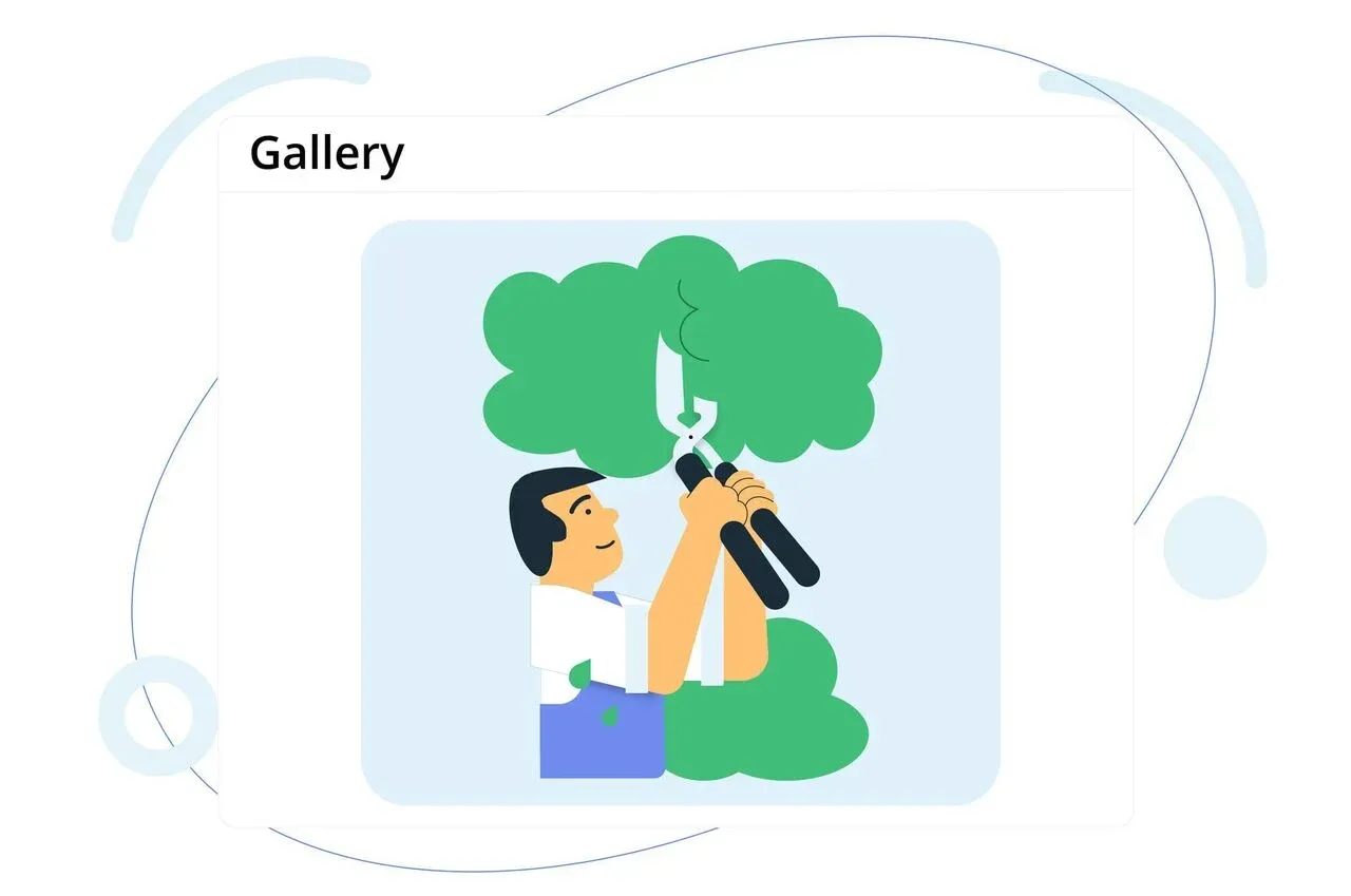 Illustration of a gardener trimming a bush with hedge clippers inside a gallery frame