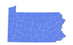 Outline map of Pennsylvania showing all county boundaries in blue on a white background.