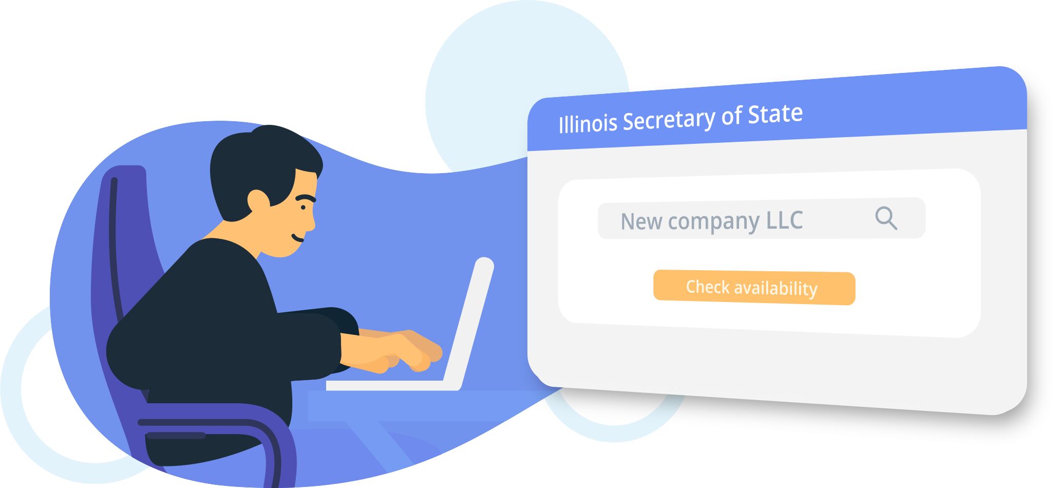 Illustration of a person using a laptop to search a business name on the Illinois Secretary of State website.