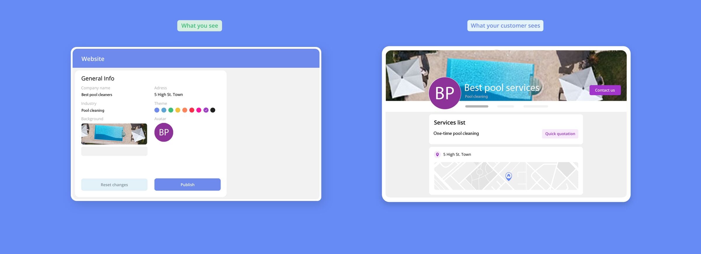 Side-by-side mockups showing a business website editor on the left and the resulting public page preview on the right for a pool cleaning service.