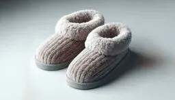 Pair of beige plush house slippers with ribbed uppers and thick fleece lining, placed side by side on a light surface.