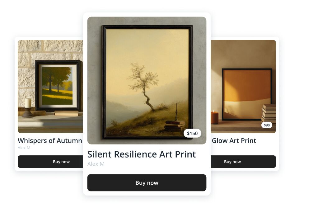 Product cards displaying framed art prints with prices and buy buttons, featuring a central landscape painting of a lone tree on a hill.