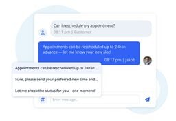 Chat interface showing a customer asking to reschedule an appointment and an agent replying with preset quick responses.