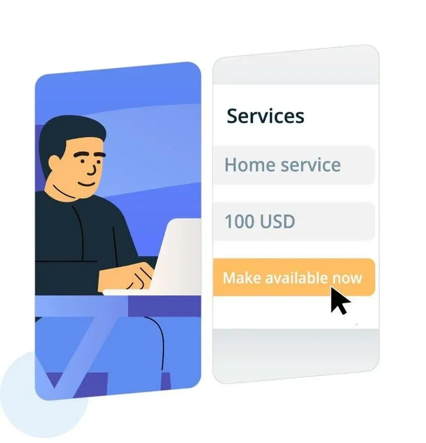 Illustration of a person at a laptop beside a services menu with a highlighted button labeled "Make available now."