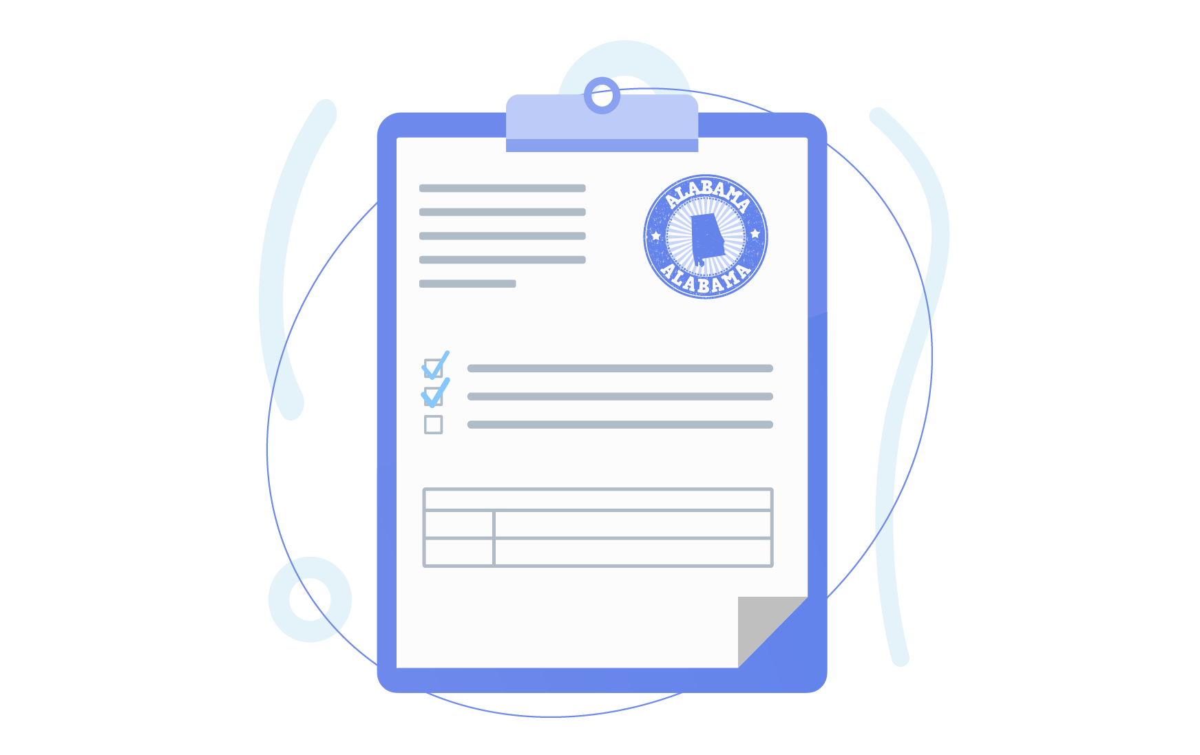 Illustration of a clipboard with a form labeled Alabama.