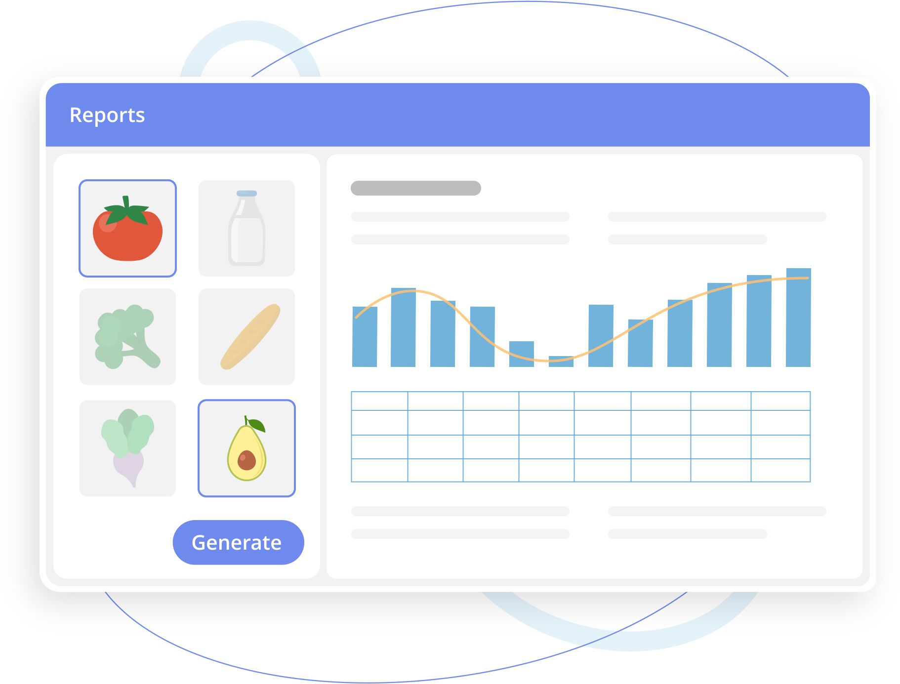Illustration of a dashboard titled Reports with food icons and data charts