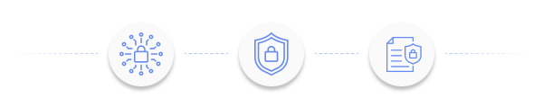 Row of three round security-themed icons connected by dotted lines on a white background.