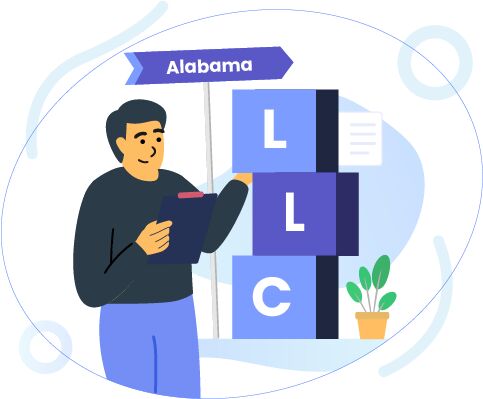 Illustration of a person holding a clipboard next to stacked blocks labeled L, L, C with an Alabama sign, suggesting forming an LLC in Alabama.