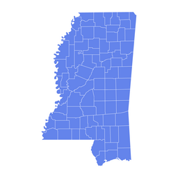 Outline map of Mississippi showing all county boundaries in blue on a white background.