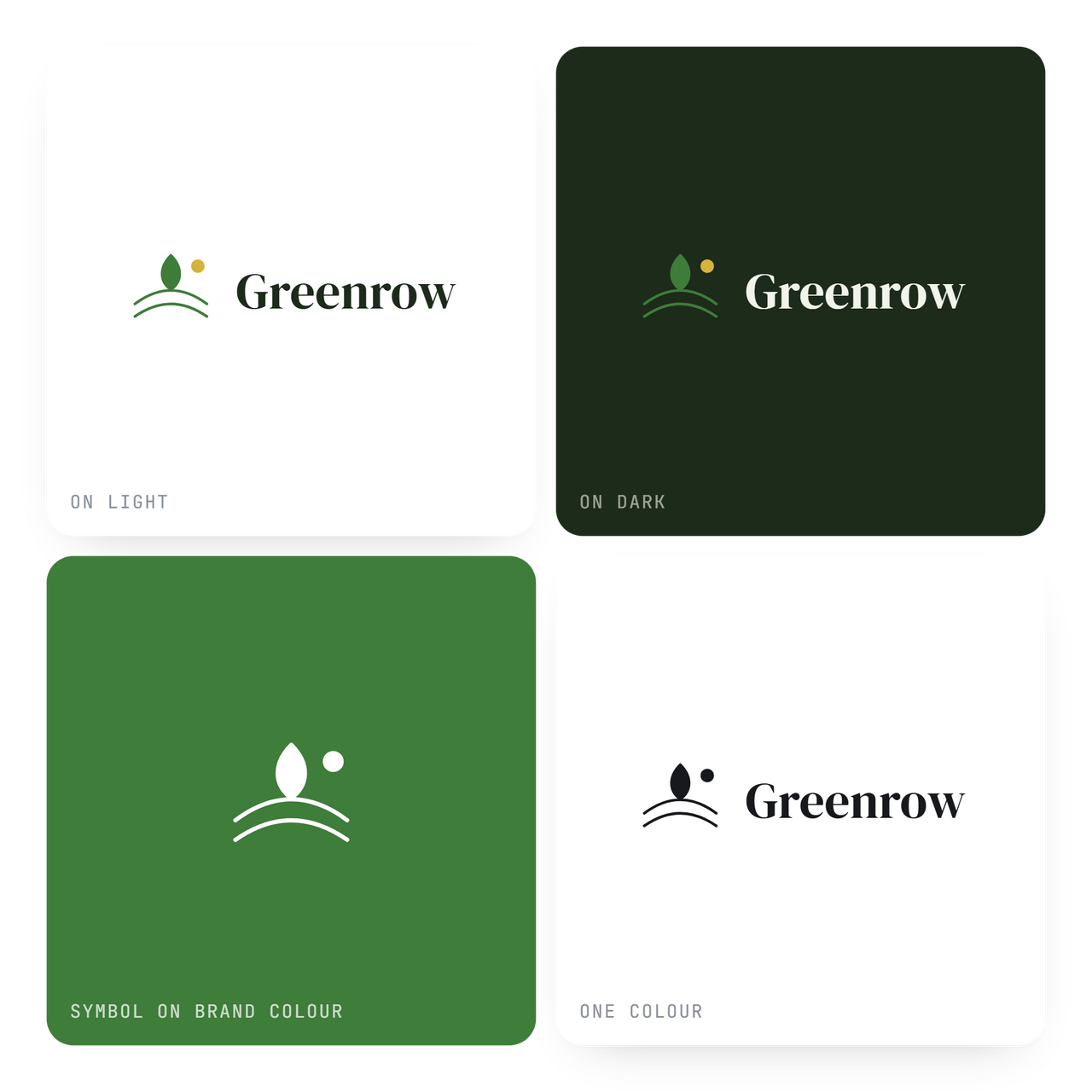 Greenrow logo variations for branding: light, dark, brand color symbol, and one-color options