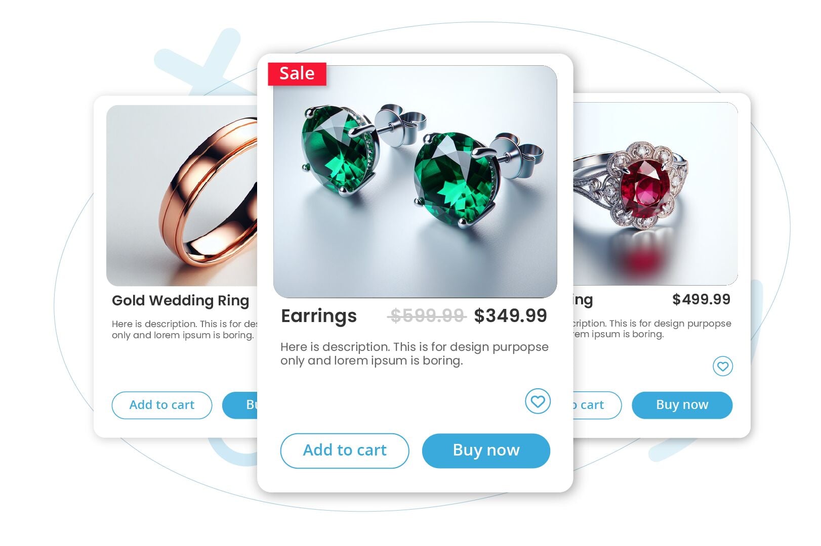 E-commerce product cards showcasing jewelry with a prominent sale card for emerald-green stud earrings.