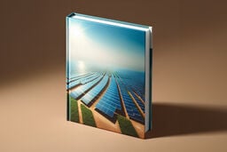 Hardcover book standing upright with a cover image of a vast solar farm under a bright sun, rows of blue photovoltaic panels stretching to the horizon over earthy paths and green patches.