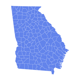 Blank blue map of the U.S. state of Georgia showing county boundaries without labels on a white background.