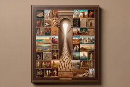 Framed collage of classical art scenes surrounding a central corridor filled with tiny walking figures receding toward a bright archway.
