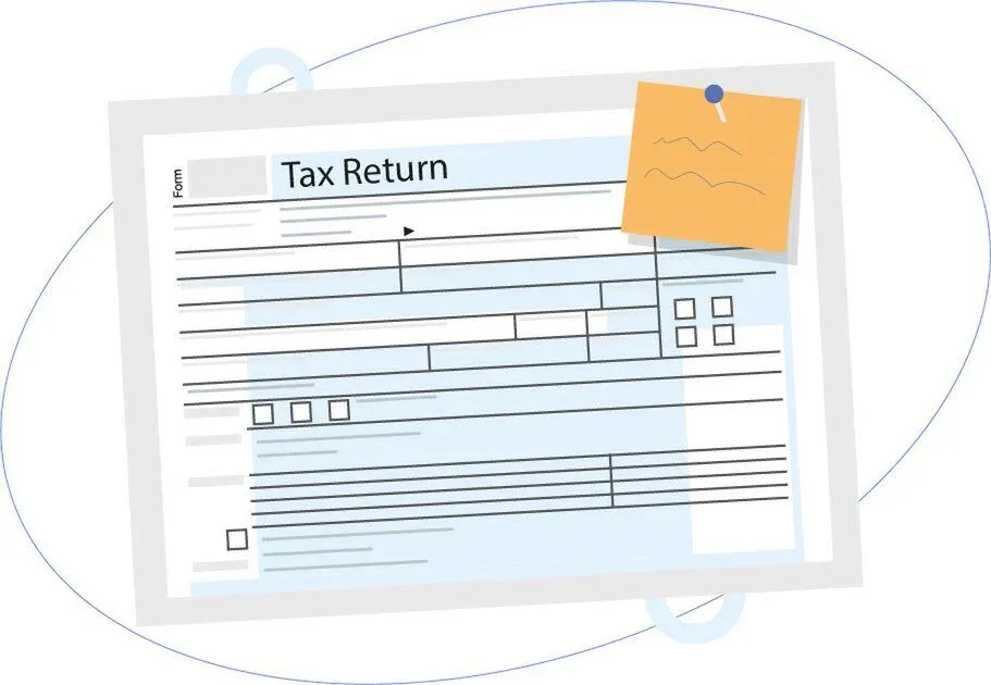 Illustration of a tax return form with a sticky note pinned on it.