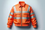 Bright orange high-visibility work jacket with reflective silver stripes displayed against a light gray background.