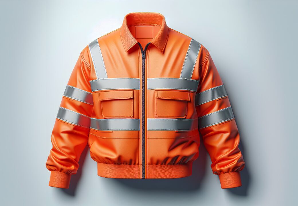 Bright orange high-visibility work jacket with reflective silver stripes displayed against a light gray background.