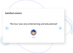 Testimonial card titled 'Satisfied visitors' showing a review that says, 'The tour was very entertaining and educational!' with a small avatar illustration and the name Tom below, plus left and right arrow buttons for navigation.