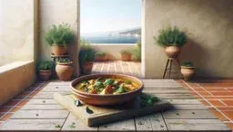 Rustic seaside terrace with a bowl of seafood stew garnished with fresh herbs, overlooking a calm blue ocean and distant coastline.