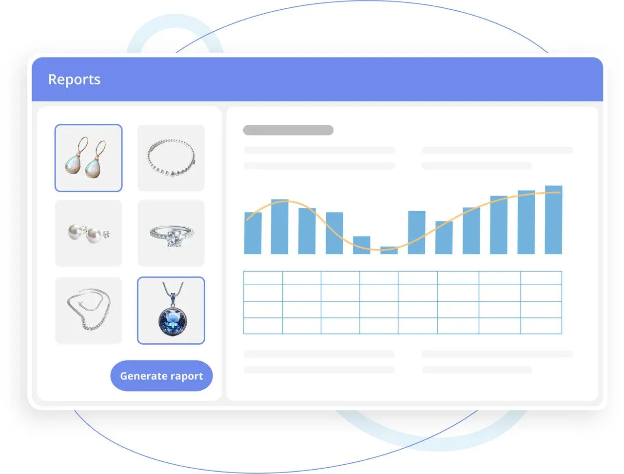 Illustration of a jewelry analytics dashboard with product thumbnails and charts.